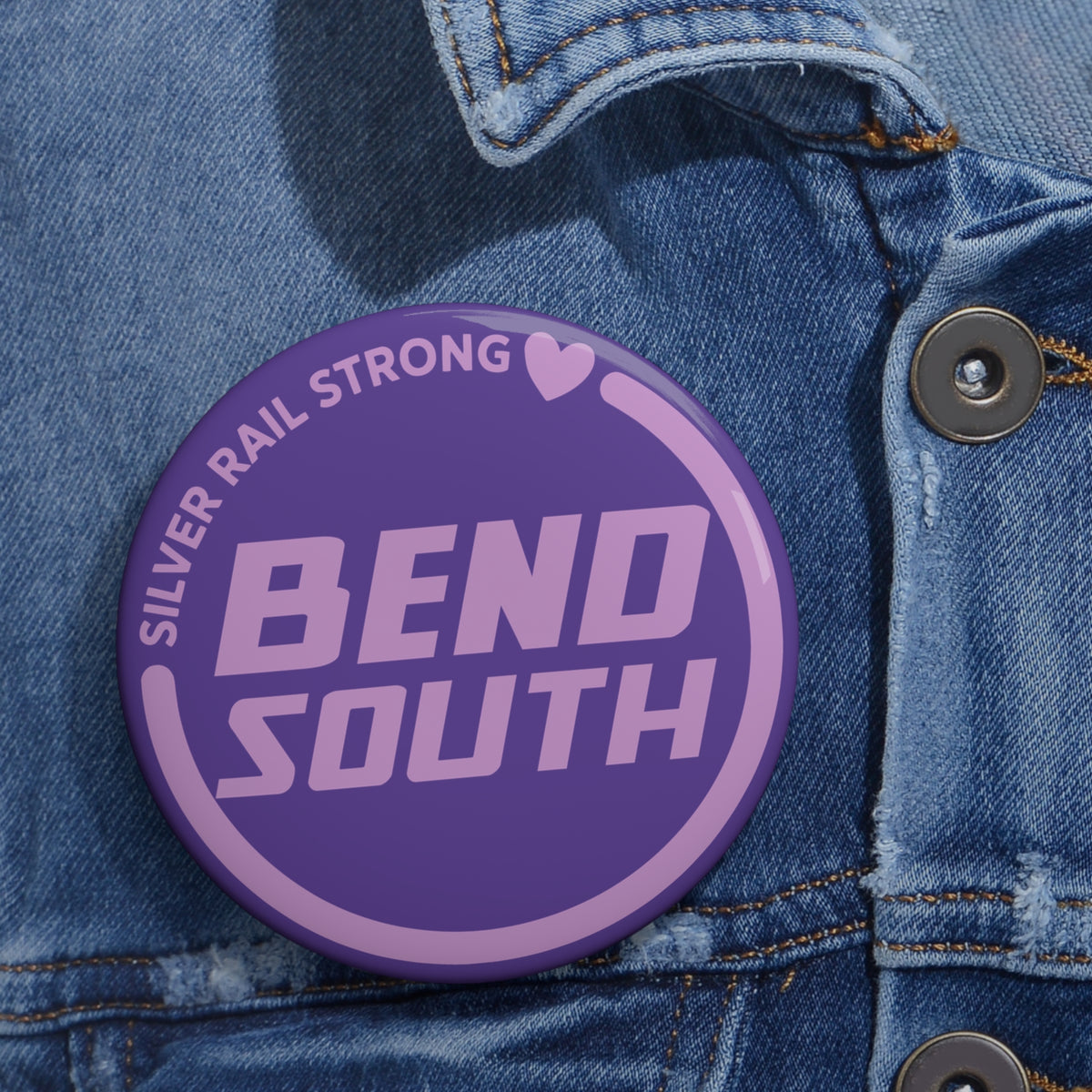 Bend South Purple Pin Button — "Silver Rail Strong" Retro Logo Lapel Pin