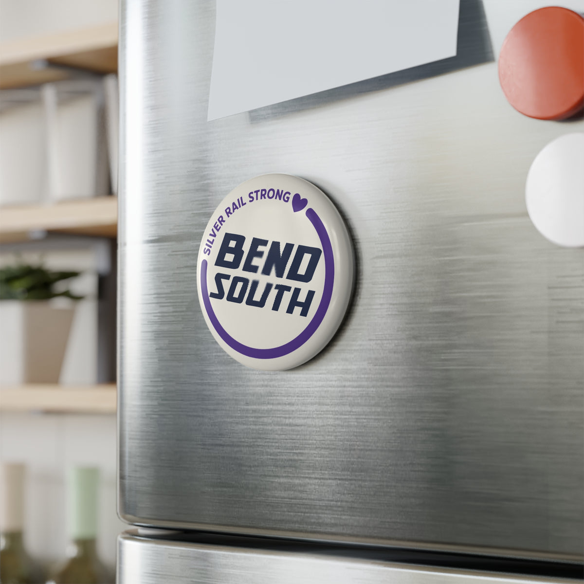 Bend South Round Magnet — "Silver Rail Strong" Support Button Magnet