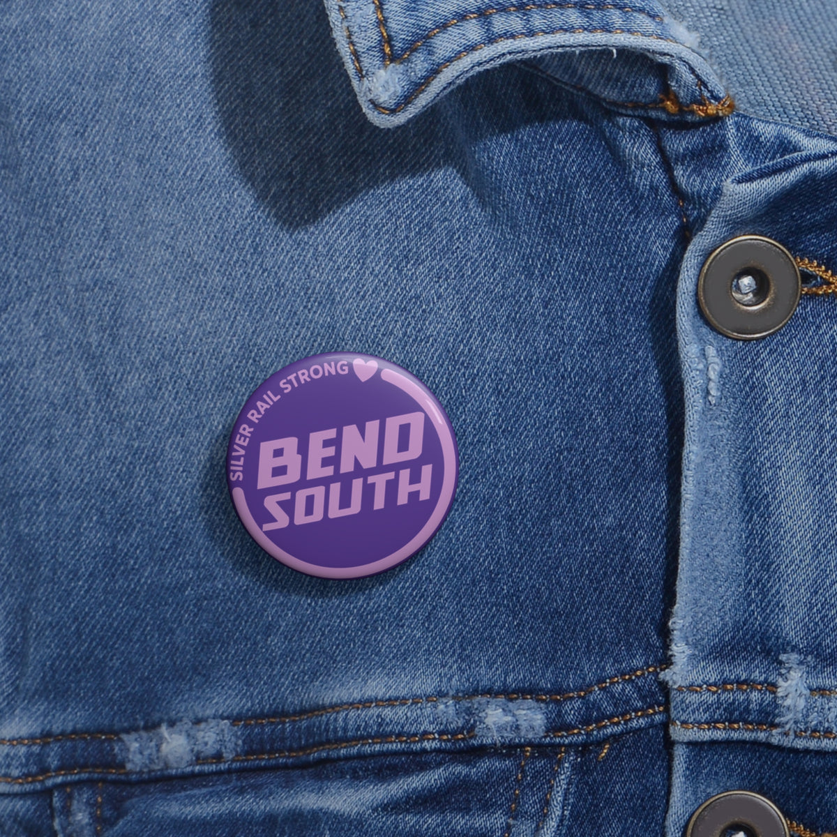 Bend South Purple Pin Button — "Silver Rail Strong" Retro Logo Lapel Pin