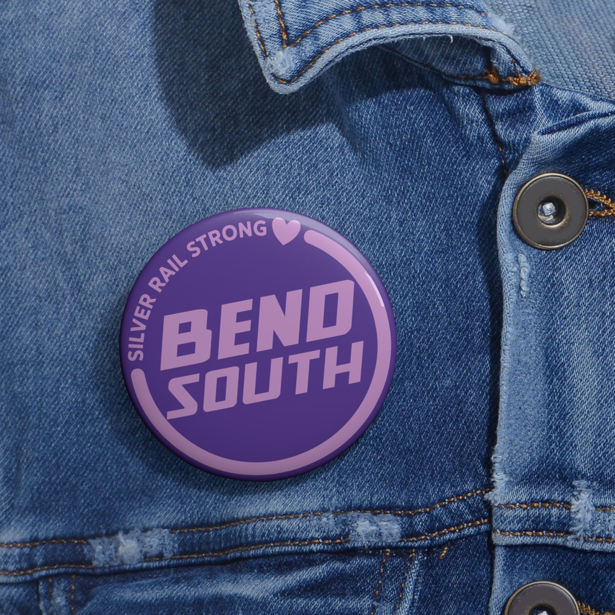 Bend South Purple Pin Button — "Silver Rail Strong" Retro Logo Lapel Pin
